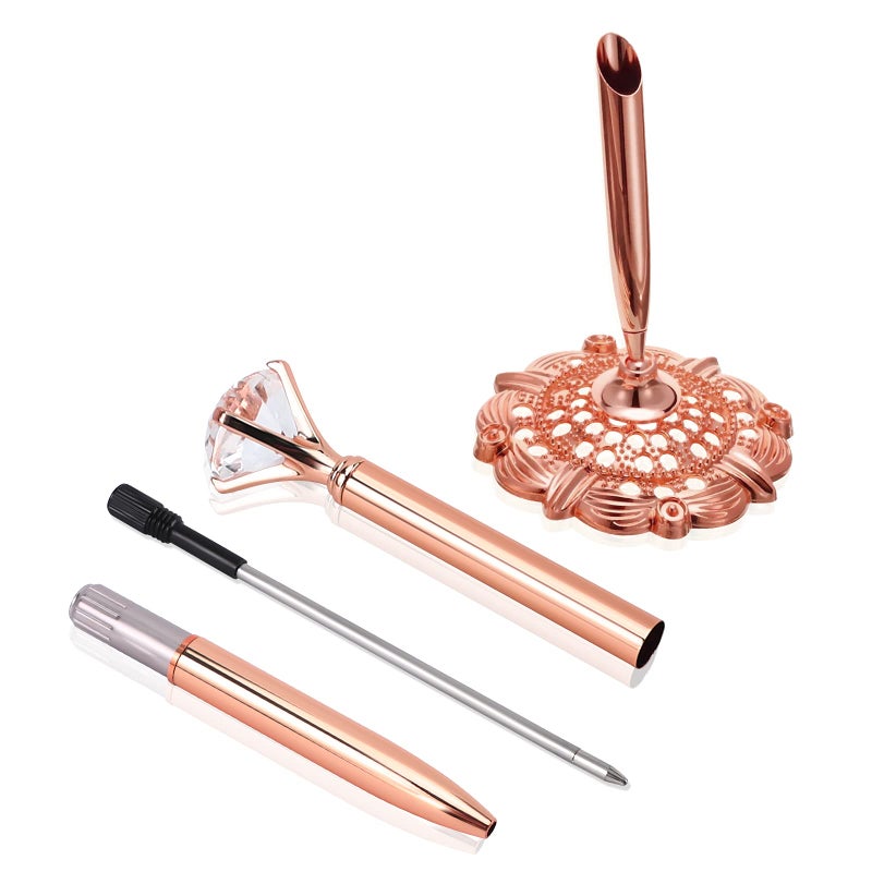 RUTICH Hollow Round Pen Holder Signing Pen Set with Big Diamond Crystal Pen for Wedding Bridal Opening Ceremony Graduation Office, Rose Gold(Black Ink) - Image 2